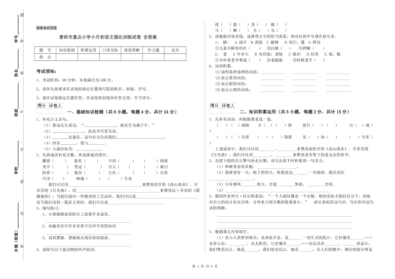 普洱市重点小学小升初语文强化训练试卷 含答案.doc_第1页