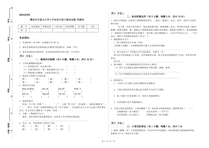 攀枝花市重点小学小升初语文能力测试试题 附解析.doc_第1页