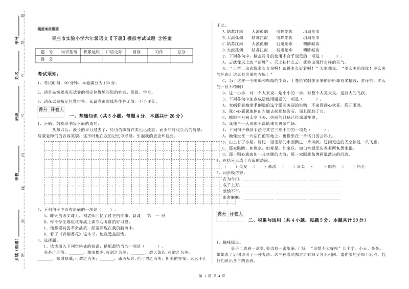 枣庄市实验小学六年级语文【下册】模拟考试试题 含答案.doc_第1页