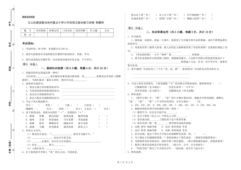 文山壮族苗族自治州重点小学小升初语文综合练习试卷 附解析.doc_第1页