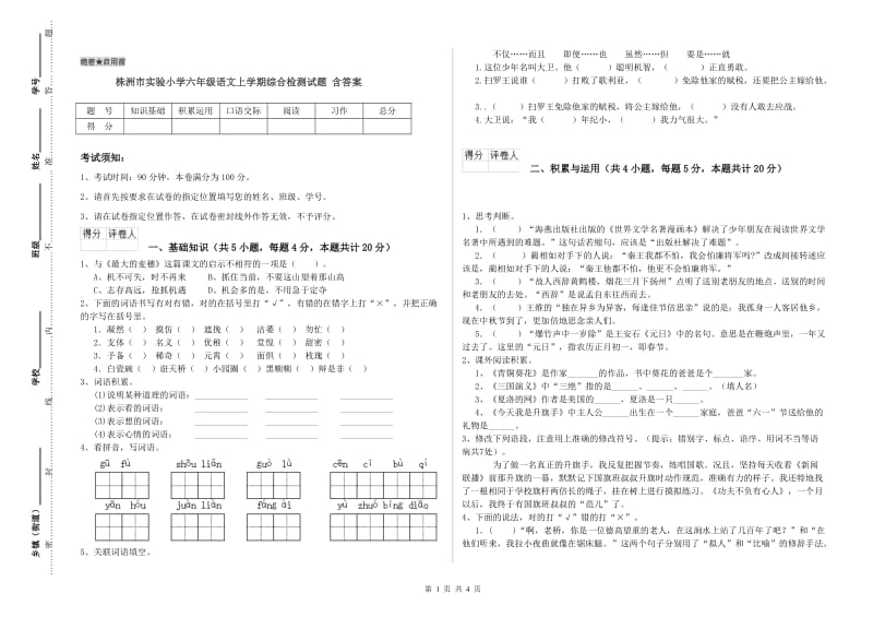 株洲市实验小学六年级语文上学期综合检测试题 含答案.doc_第1页