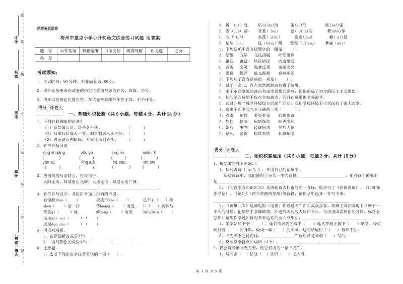 梅州市重点小学小升初语文综合练习试题 附答案.doc_第1页