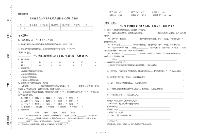 山东省重点小学小升初语文模拟考试试题 含答案.doc_第1页