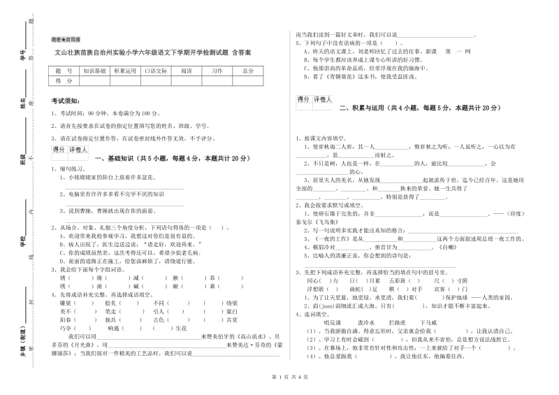 文山壮族苗族自治州实验小学六年级语文下学期开学检测试题 含答案.doc_第1页