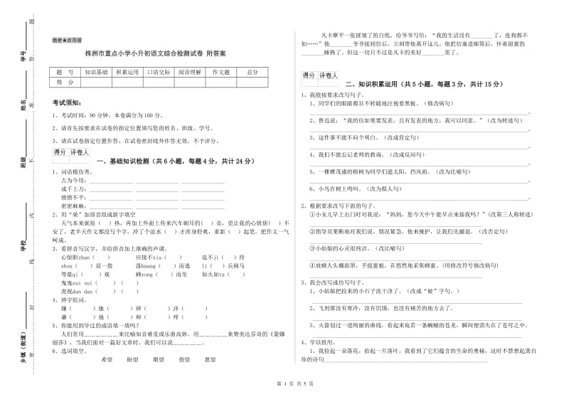 株洲市重点小学小升初语文综合检测试卷 附答案.doc_第1页