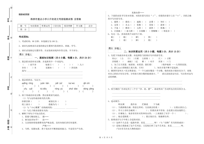 株洲市重点小学小升初语文考前检测试卷 含答案.doc_第1页