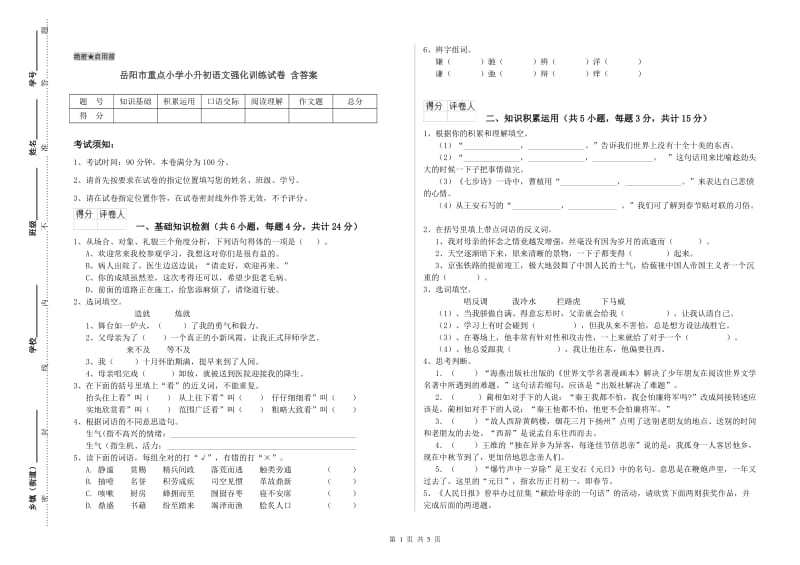 岳阳市重点小学小升初语文强化训练试卷 含答案.doc_第1页