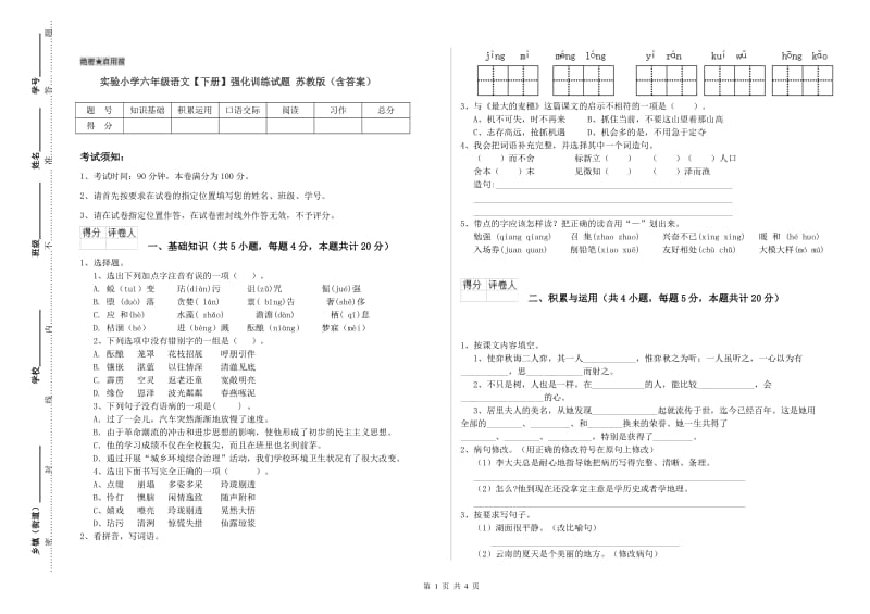 实验小学六年级语文【下册】强化训练试题 苏教版（含答案）.doc_第1页