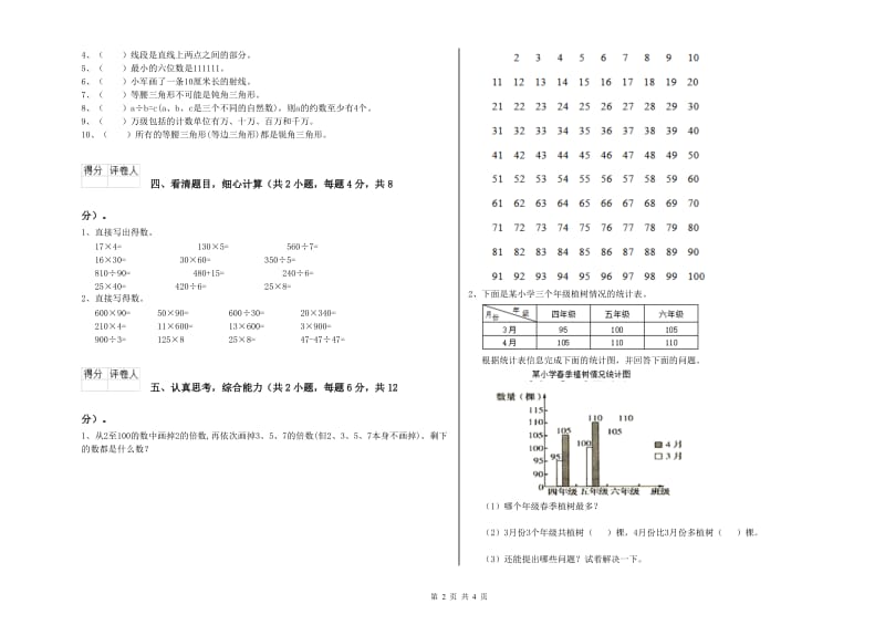 山西省2020年四年级数学【上册】月考试卷 含答案.doc_第2页