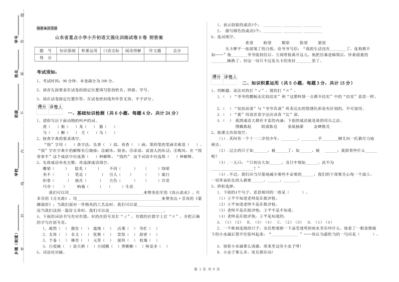 山东省重点小学小升初语文强化训练试卷B卷 附答案.doc_第1页