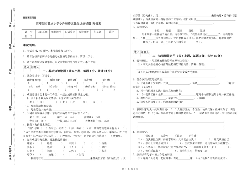 日喀则市重点小学小升初语文强化训练试题 附答案.doc_第1页