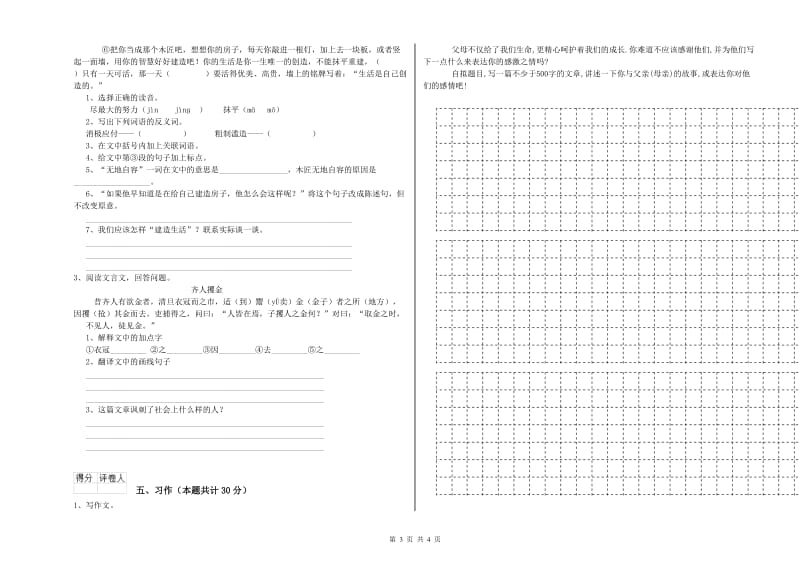 日喀则市实验小学六年级语文【下册】能力提升试题 含答案.doc_第3页