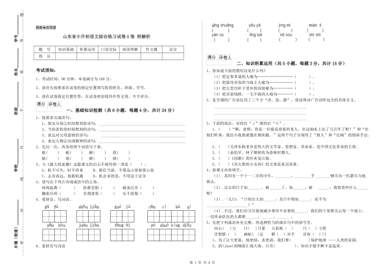 山东省小升初语文综合练习试卷A卷 附解析.doc_第1页