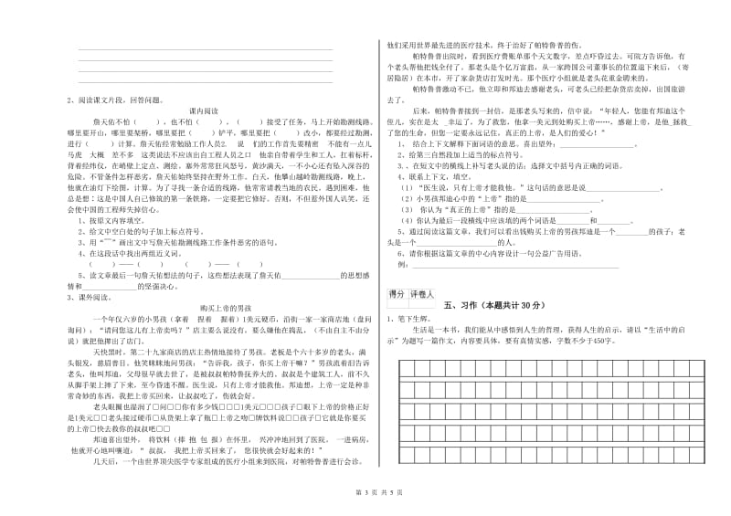 张家界市实验小学六年级语文【下册】开学检测试题 含答案.doc_第3页