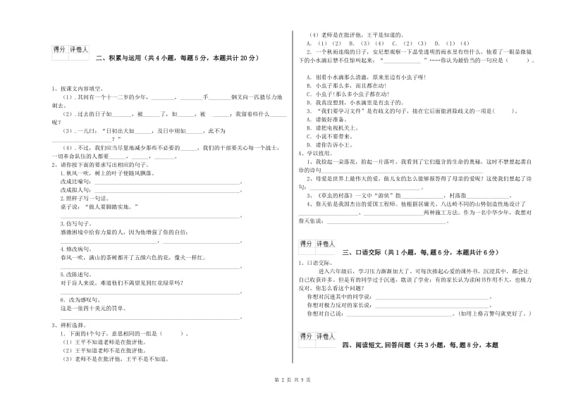 广安市实验小学六年级语文下学期自我检测试题 含答案.doc_第2页