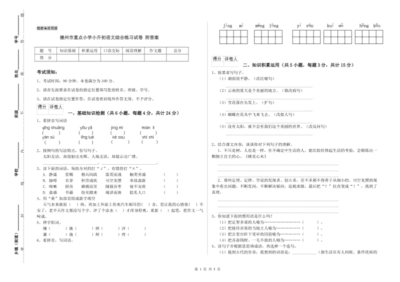 德州市重点小学小升初语文综合练习试卷 附答案.doc_第1页