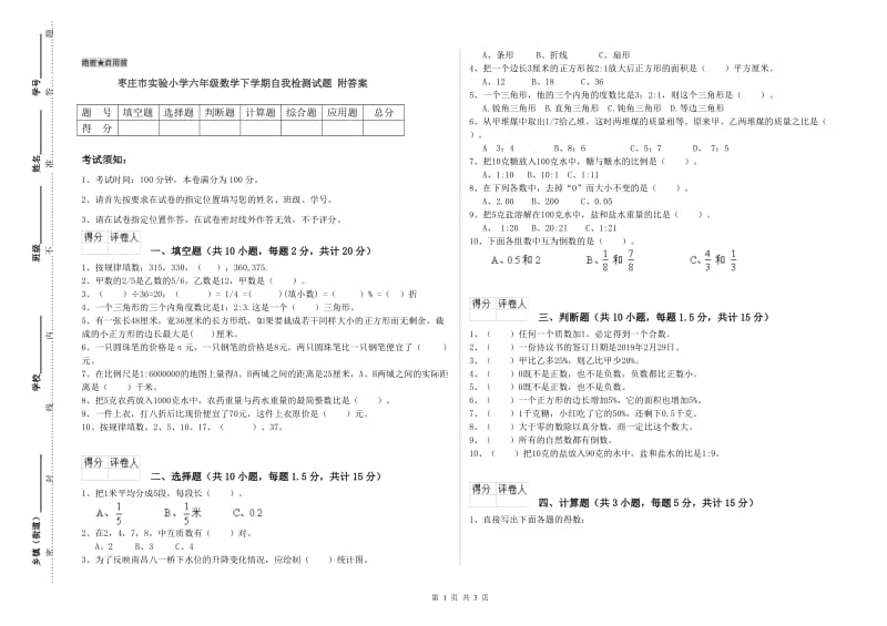 枣庄市实验小学六年级数学下学期自我检测试题 附答案.doc_第1页