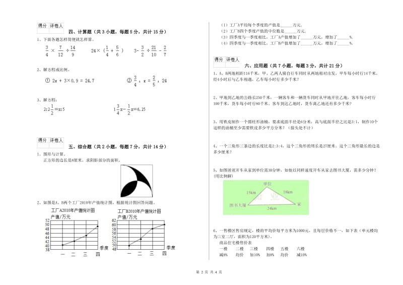 新人教版六年级数学【下册】期中考试试卷D卷 含答案.doc_第2页