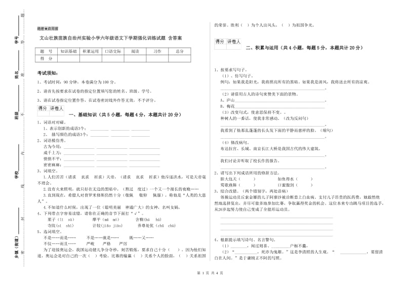 文山壮族苗族自治州实验小学六年级语文下学期强化训练试题 含答案.doc_第1页