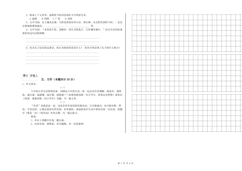 实验小学六年级语文下学期全真模拟考试试题 上海教育版（附答案）.doc_第3页