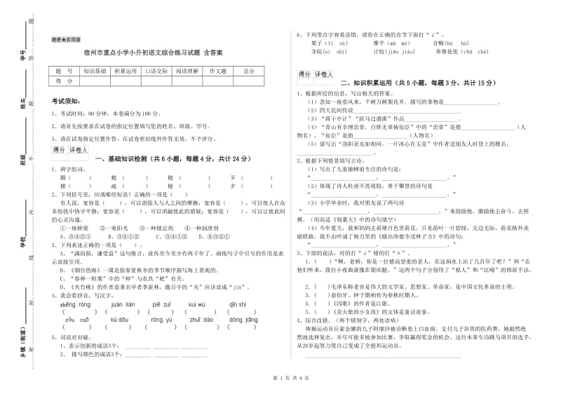 宿州市重点小学小升初语文综合练习试题 含答案.doc_第1页