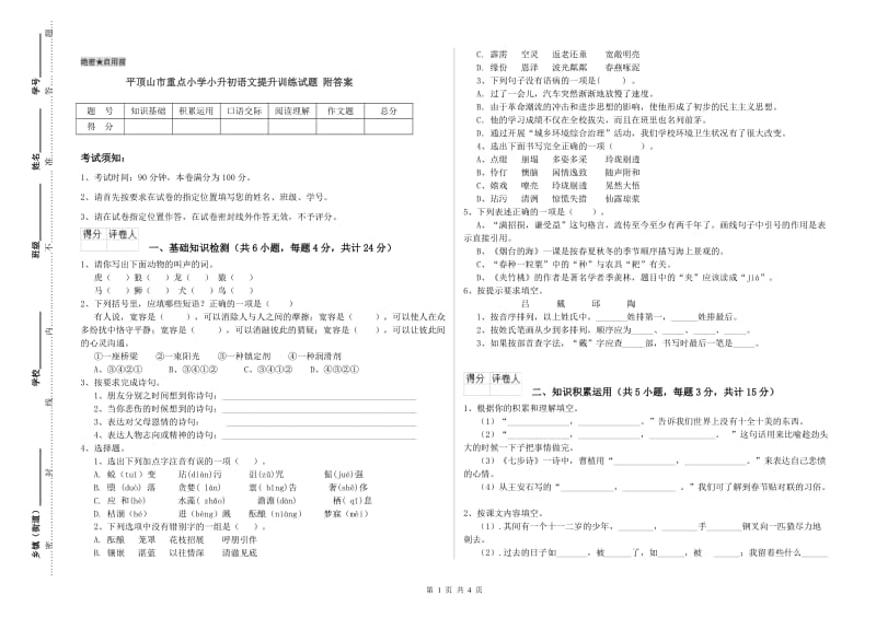 平顶山市重点小学小升初语文提升训练试题 附答案.doc_第1页