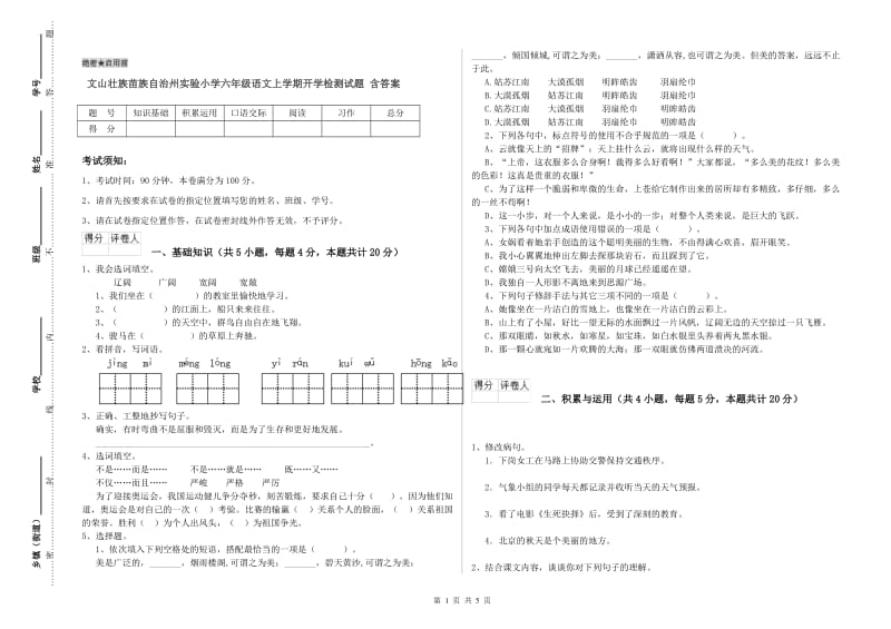 文山壮族苗族自治州实验小学六年级语文上学期开学检测试题 含答案.doc_第1页