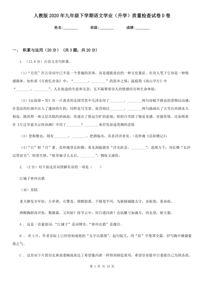 人教版2020年九年级下学期语文学业（升学）质量检查试卷D卷.doc_第1页