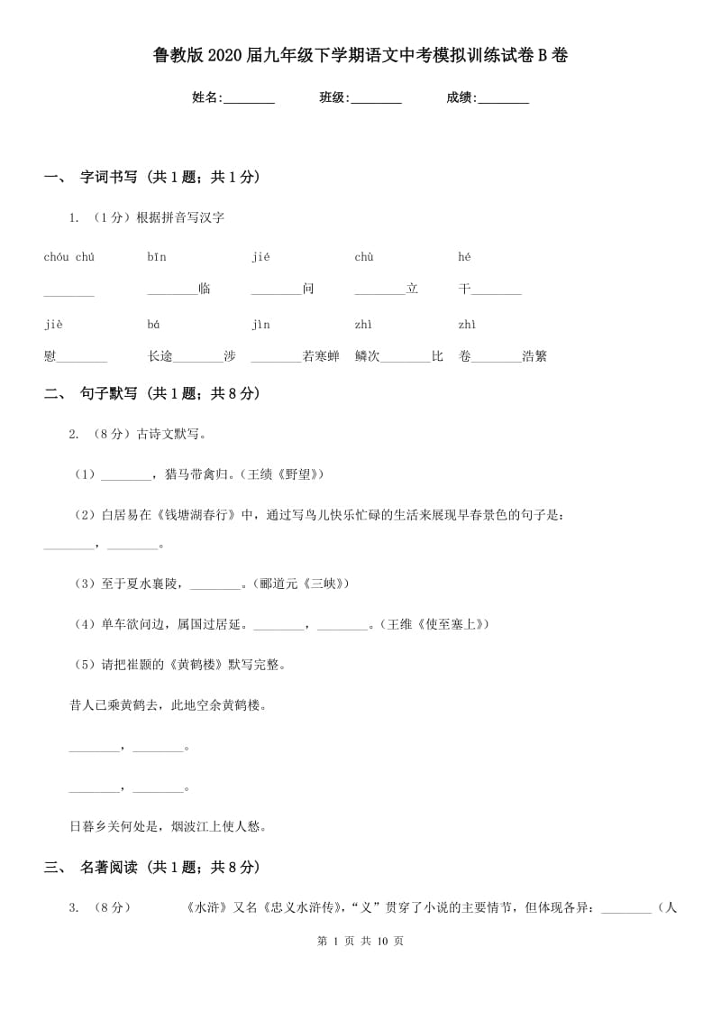 鲁教版2020届九年级下学期语文中考模拟训练试卷B卷.doc_第1页