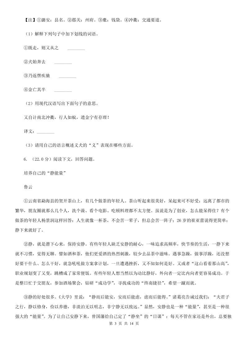 鲁教版2020年初中语文毕业班教学质量检测试卷（II ）卷.doc_第3页