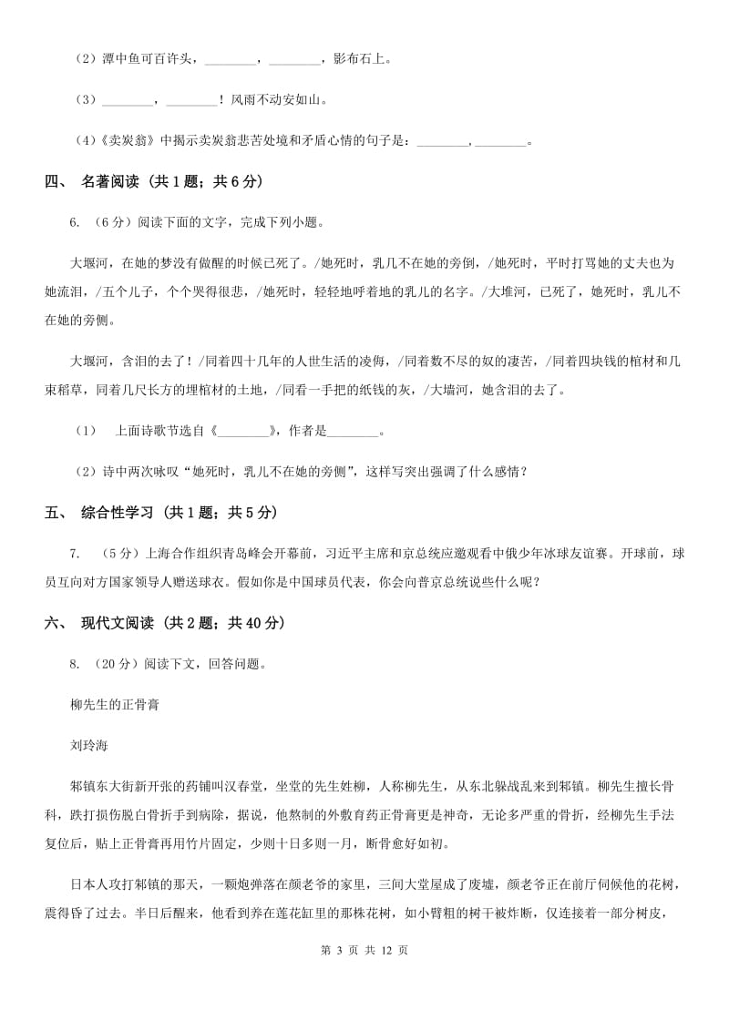 西师大版2020届九年级语文中考模拟试卷（II ）卷.doc_第3页