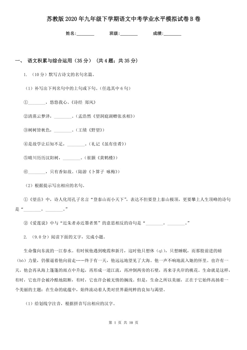 苏教版2020年九年级下学期语文中考学业水平模拟试卷B卷.doc_第1页