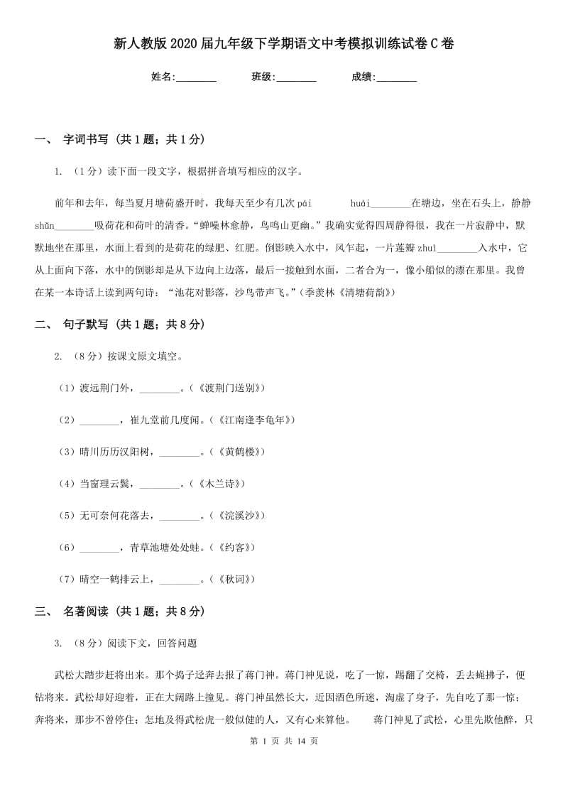 新人教版2020届九年级下学期语文中考模拟训练试卷C卷.doc_第1页