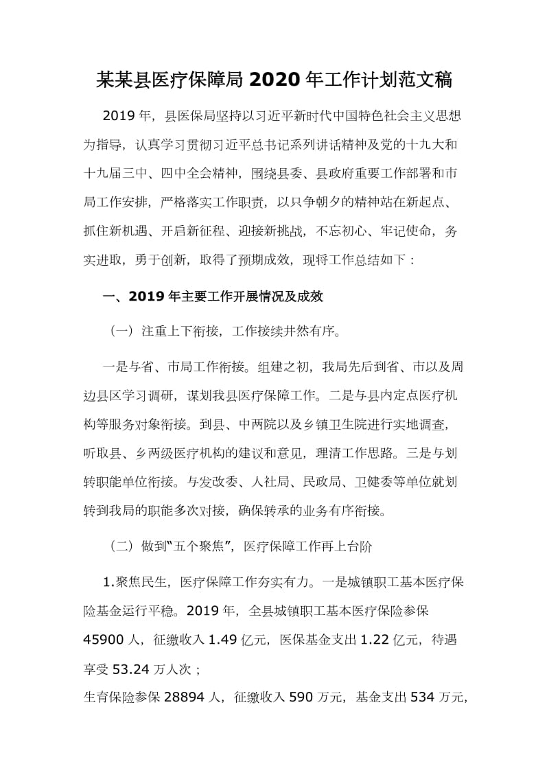 某某县医疗保障局2020年工作计划范文稿_第1页