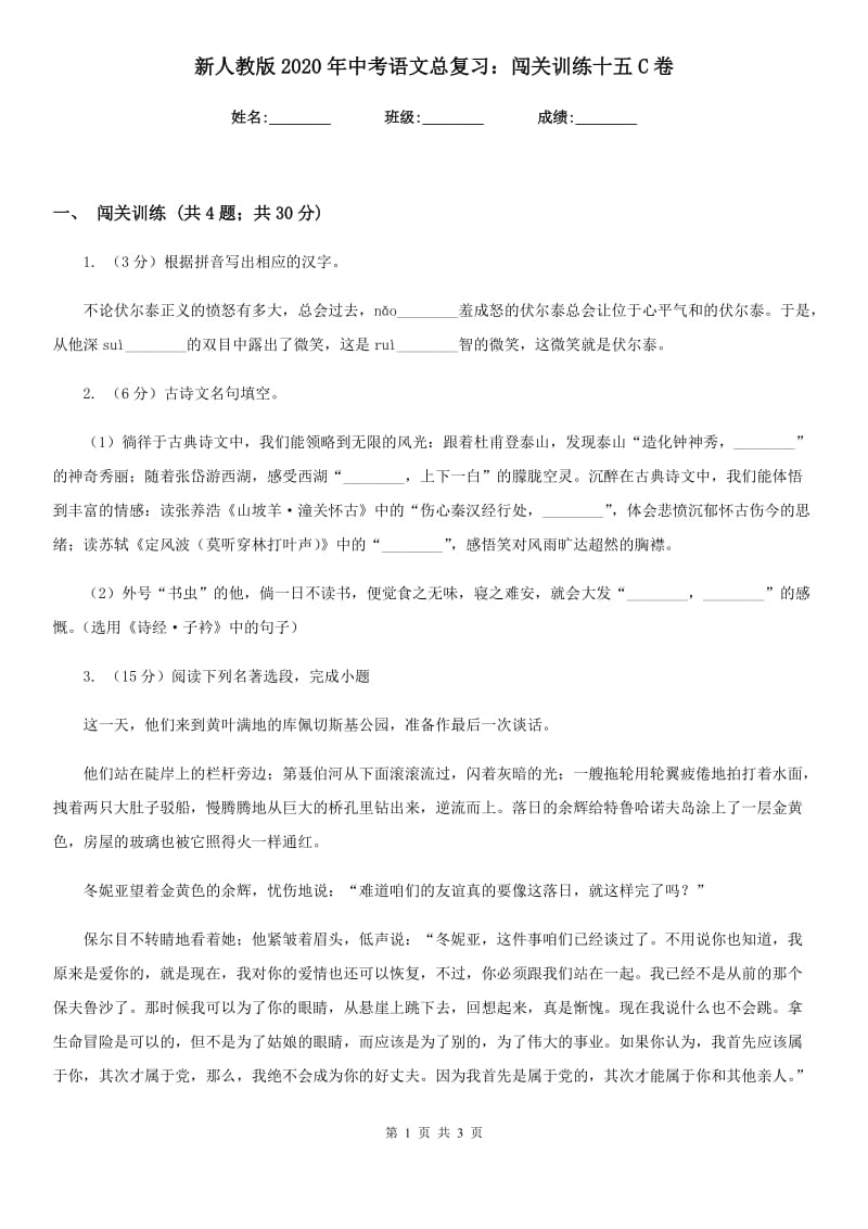 新人教版2020年中考语文总复习：闯关训练十五C卷.doc_第1页