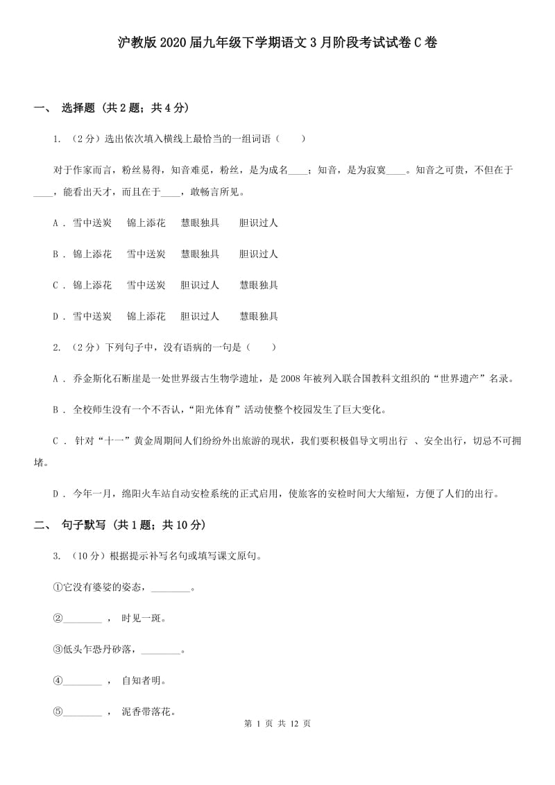 沪教版2020届九年级下学期语文3月阶段考试试卷C卷.doc_第1页