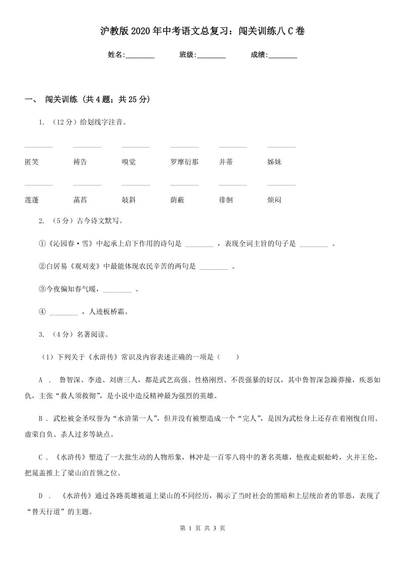 沪教版2020年中考语文总复习：闯关训练八C卷.doc_第1页