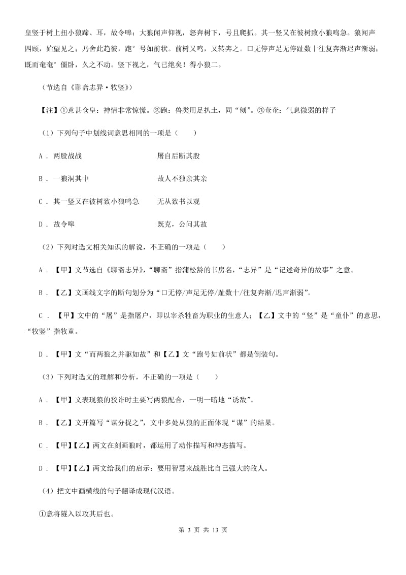 北师大版2020届九年级语文中考适应性检测试卷C卷.doc_第3页