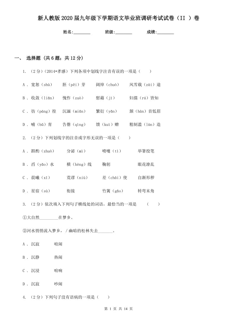 新人教版2020届九年级下学期语文毕业班调研考试试卷（II ）卷.doc_第1页