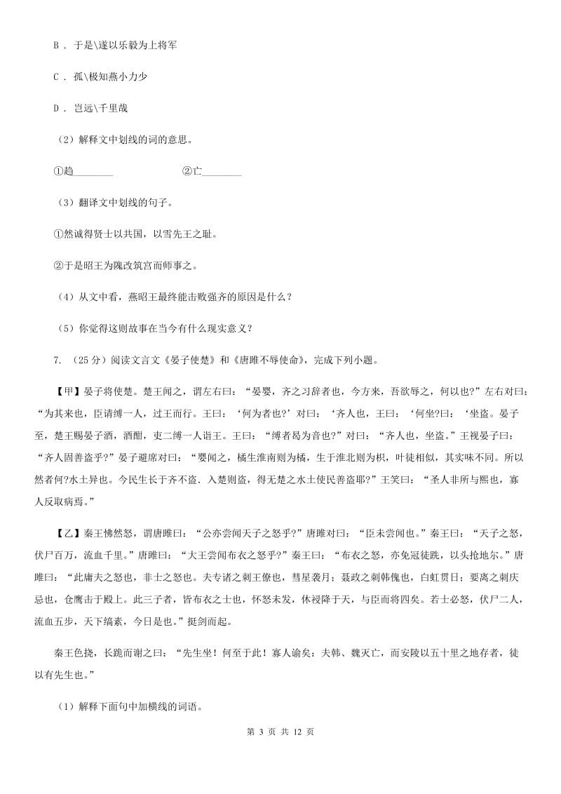 新人教版2020年九年级语文毕业生学业考试试卷.doc_第3页