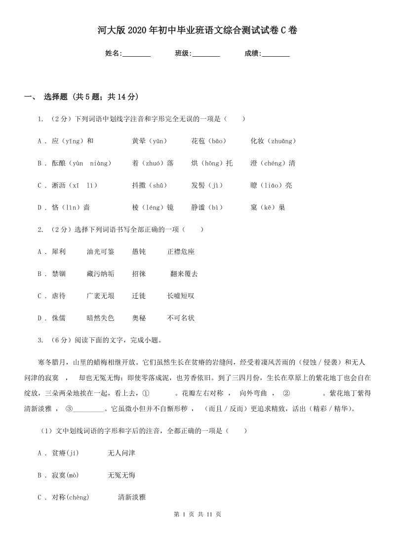 河大版2020年初中毕业班语文综合测试试卷C卷.doc_第1页