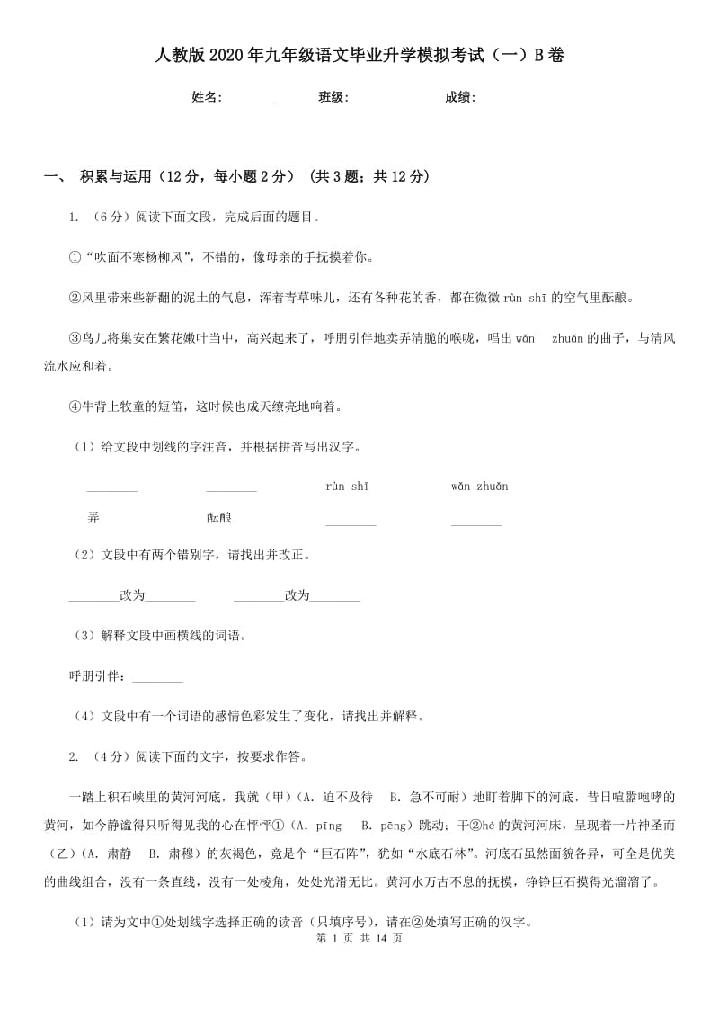 人教版2020年九年级语文毕业升学模拟考试（一）B卷.doc_第1页