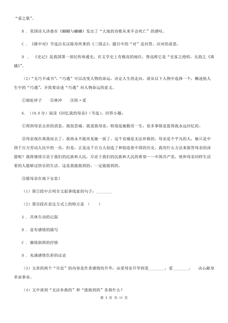 人教版2020届九年级语文中考模拟训练试题（II ）卷.doc_第3页