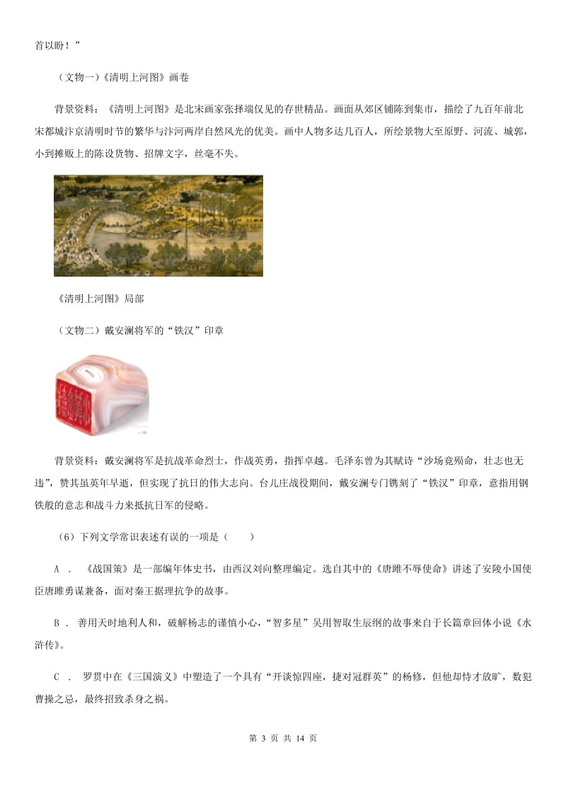 人教版2020届九年级语文中考模拟试卷（二）（I）卷.doc_第3页