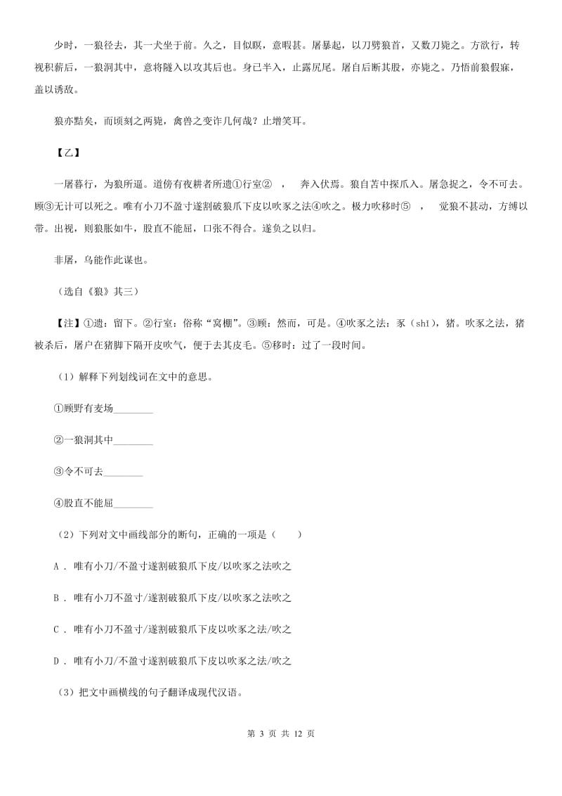 冀教版2020届九年级下学期语文中考复习试卷B卷.doc_第3页