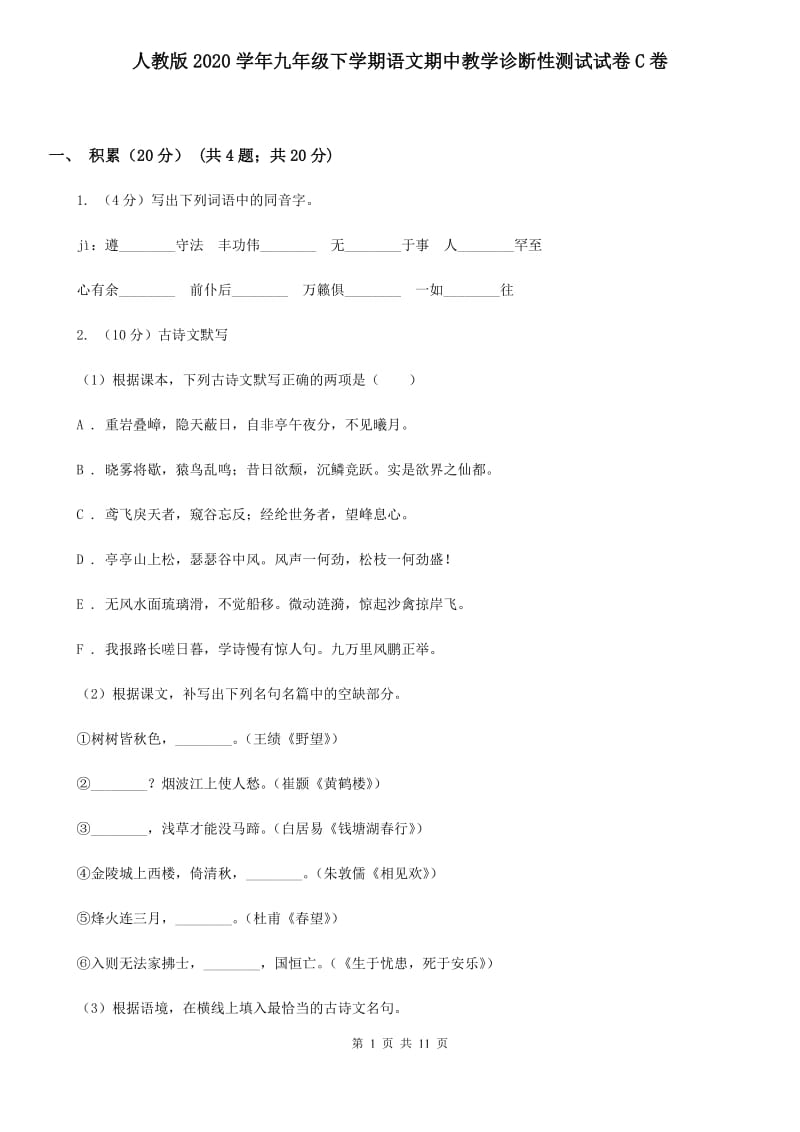 人教版2020学年九年级下学期语文期中教学诊断性测试试卷C卷.doc_第1页