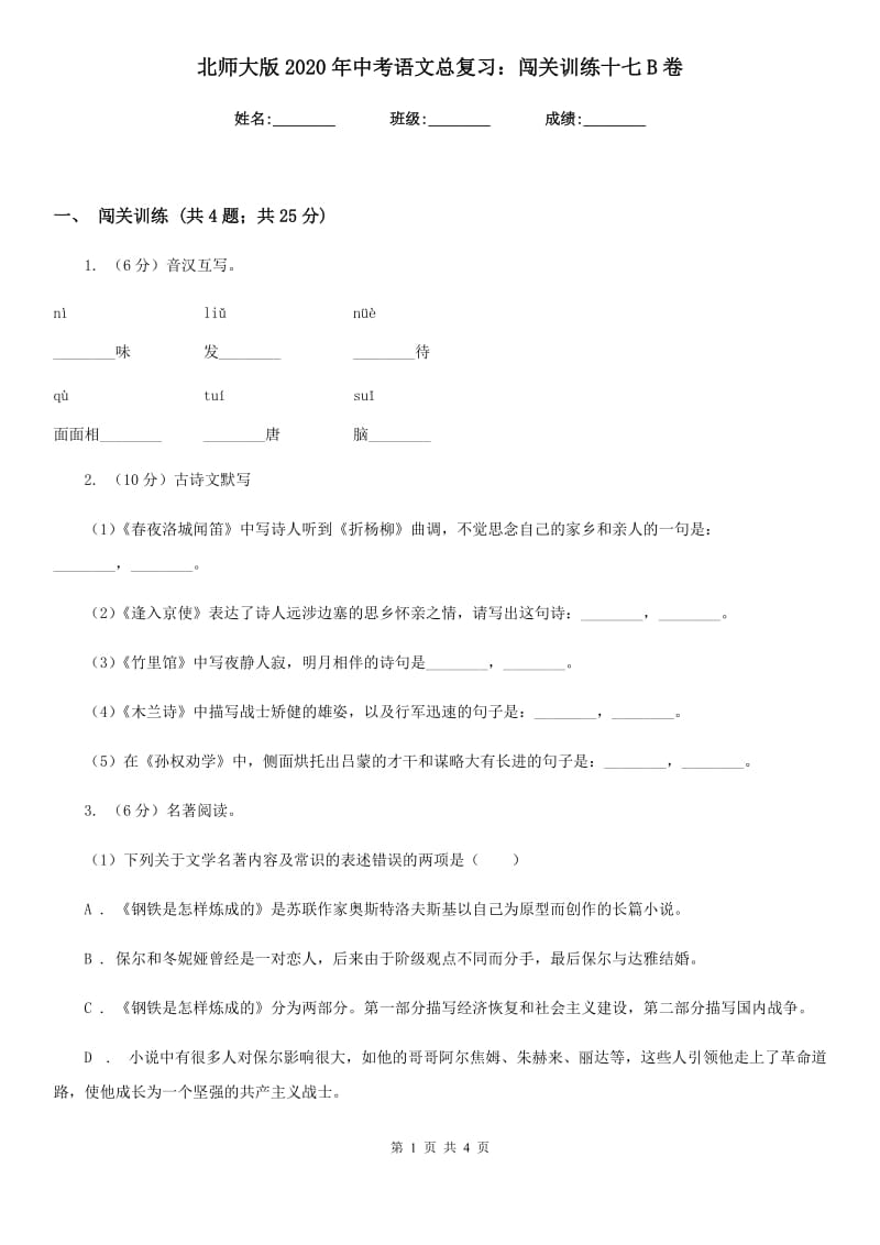 北师大版2020年中考语文总复习：闯关训练十七B卷.doc_第1页