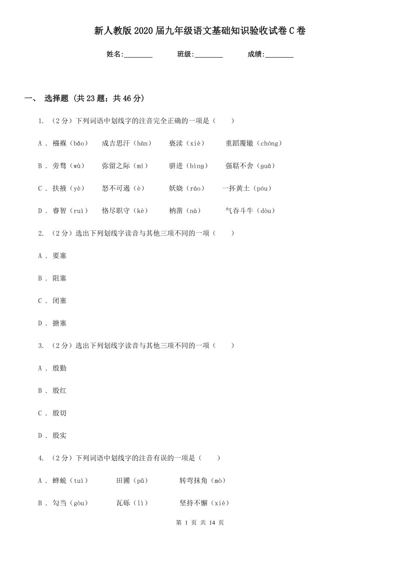 新人教版2020届九年级语文基础知识验收试卷C卷.doc_第1页