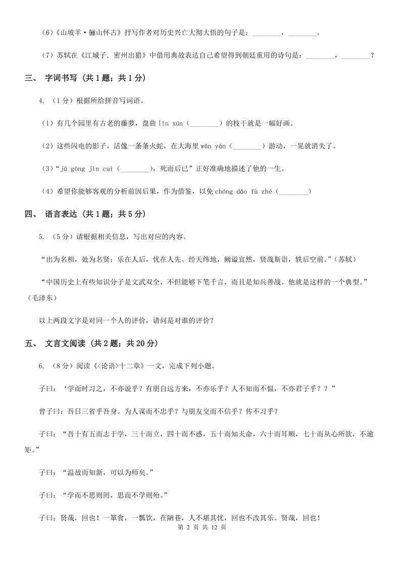 人教版2020届九年级下学期语文第一次（3月）模拟大联考试卷（I）卷.doc_第2页