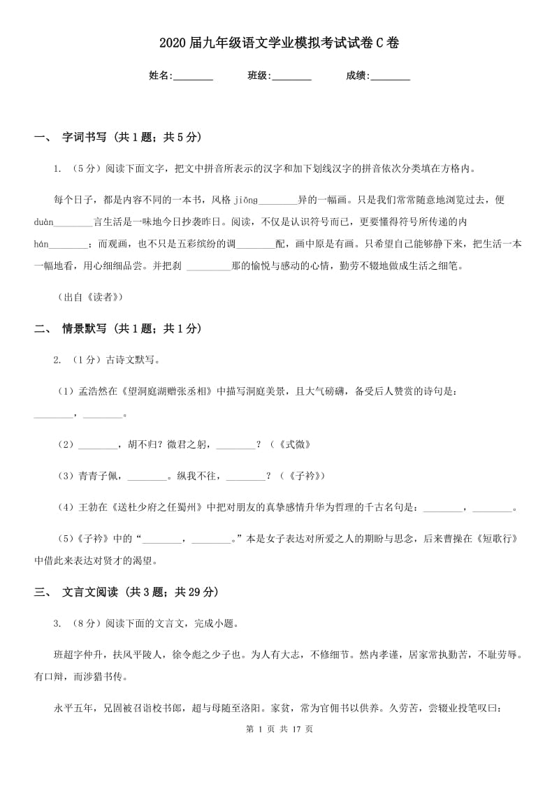 2020届九年级语文学业模拟考试试卷C卷.doc_第1页